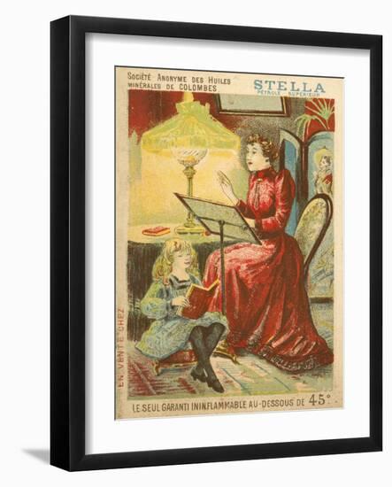 Woman and Child Reading by the Light of an Oil Lamp-null-Framed Giclee Print