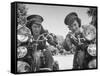 Woman and Her Daughter Sharing Interest in Motorcycle Racing-Sam Shere-Framed Stretched Canvas