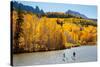 Woman And Man Enjoy Fall Bliss On SUP Boards Near Telluride, Colorado In Autumn, San Juan Mts-Ben Herndon-Stretched Canvas