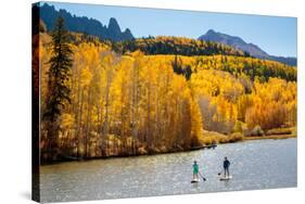 Woman And Man Enjoy Fall Bliss On SUP Boards Near Telluride, Colorado In Autumn, San Juan Mts-Ben Herndon-Stretched Canvas