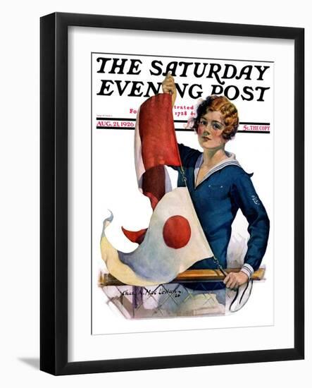 "Woman and Signal Flags," Saturday Evening Post Cover, August 21, 1926-Charles A. MacLellan-Framed Premium Giclee Print