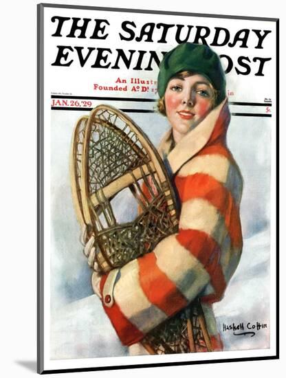 "Woman and Snowshoes," Saturday Evening Post Cover, January 26, 1929-William Haskell Coffin-Mounted Giclee Print