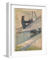 Woman at the Controls of an Early Aeroplane-null-Framed Art Print