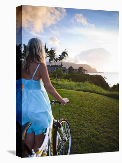 Woman Bike Riding, Makai Golf Course, Kauai, Hawaii, USA-Micah Wright-Stretched Canvas