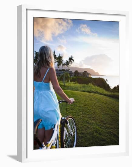 Woman Bike Riding, Makai Golf Course, Kauai, Hawaii, USA-Micah Wright-Framed Premium Photographic Print