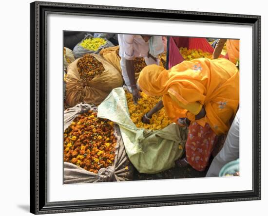 Woman Buying Marigolds, Flower Market, Bari Chaupar, Jaipur, Rajasthan, India, Asia-Annie Owen-Framed Photographic Print