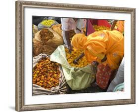 Woman Buying Marigolds, Flower Market, Bari Chaupar, Jaipur, Rajasthan, India, Asia-Annie Owen-Framed Photographic Print