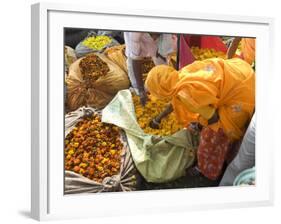 Woman Buying Marigolds, Flower Market, Bari Chaupar, Jaipur, Rajasthan, India, Asia-Annie Owen-Framed Photographic Print