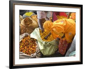 Woman Buying Marigolds, Flower Market, Bari Chaupar, Jaipur, Rajasthan, India, Asia-Annie Owen-Framed Photographic Print