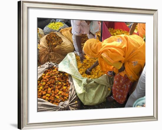 Woman Buying Marigolds, Flower Market, Bari Chaupar, Jaipur, Rajasthan, India, Asia-Annie Owen-Framed Photographic Print