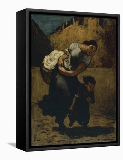 Woman Carrying a Bundle with a Girl in the Street, 1850-Honore Daumier-Framed Stretched Canvas