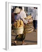Woman Carrying Baskets of French Bread, Talaat Sao Market in Vientiane, Laos, Southeast Asia-Alain Evrard-Framed Photographic Print