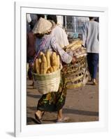 Woman Carrying Baskets of French Bread, Talaat Sao Market in Vientiane, Laos, Southeast Asia-Alain Evrard-Framed Photographic Print