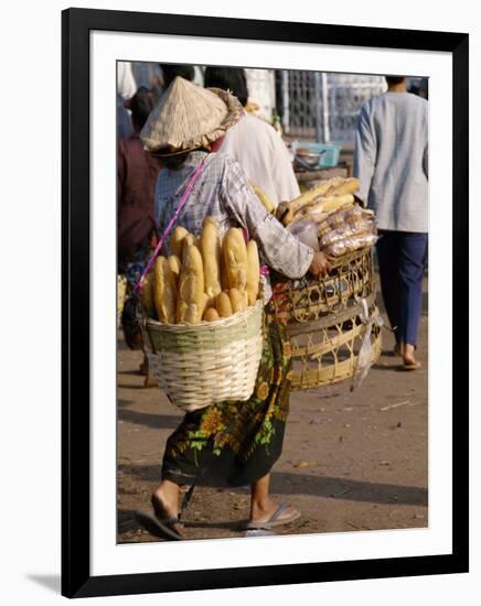 Woman Carrying Baskets of French Bread, Talaat Sao Market in Vientiane, Laos, Southeast Asia-Alain Evrard-Framed Photographic Print