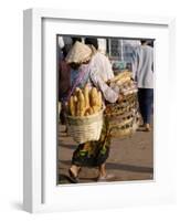 Woman Carrying Baskets of French Bread, Talaat Sao Market in Vientiane, Laos, Southeast Asia-Alain Evrard-Framed Photographic Print