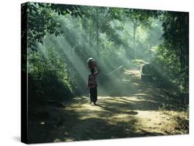 Woman Carrying Coconuts to Market, Peliatan, Bali, Indonesia, Southeast Asia-James Green-Stretched Canvas