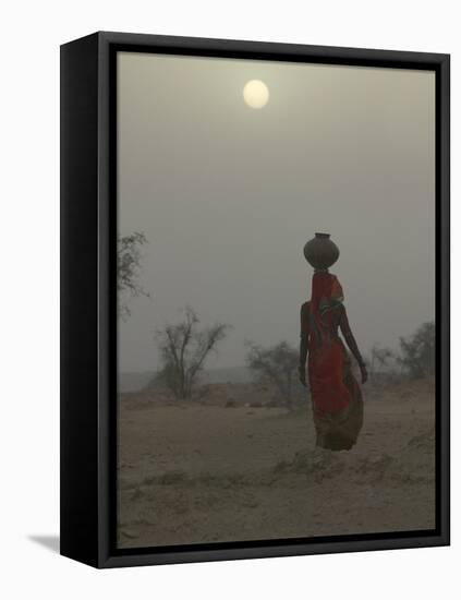 Woman Carrying Water Jar in Sand Storm, Thar Desert, Rajasthan, India-Keren Su-Framed Stretched Canvas