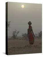 Woman Carrying Water Jar in Sand Storm, Thar Desert, Rajasthan, India-Keren Su-Stretched Canvas