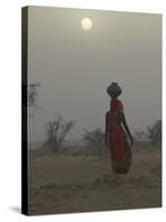Woman Carrying Water Jar in Sand Storm, Thar Desert, Rajasthan, India-Keren Su-Stretched Canvas