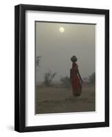 Woman Carrying Water Jar in Sand Storm, Thar Desert, Rajasthan, India-Keren Su-Framed Premium Photographic Print