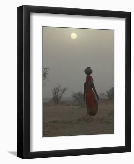 Woman Carrying Water Jar in Sand Storm, Thar Desert, Rajasthan, India-Keren Su-Framed Premium Photographic Print