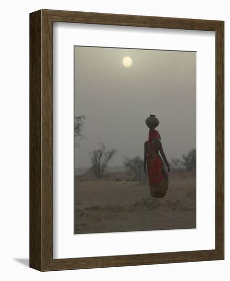 Woman Carrying Water Jar in Sand Storm, Thar Desert, Rajasthan, India-Keren Su-Framed Photographic Print