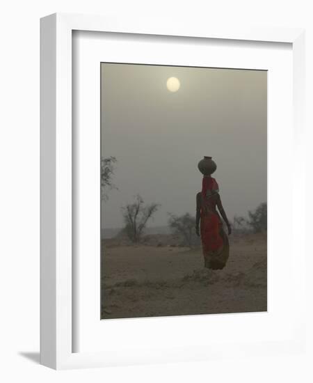 Woman Carrying Water Jar in Sand Storm, Thar Desert, Rajasthan, India-Keren Su-Framed Photographic Print