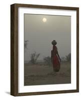 Woman Carrying Water Jar in Sand Storm, Thar Desert, Rajasthan, India-Keren Su-Framed Photographic Print