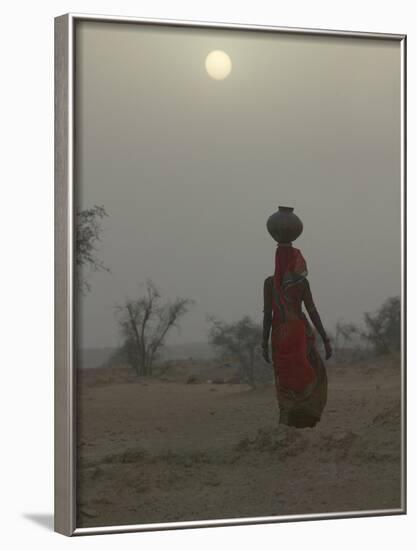 Woman Carrying Water Jar in Sand Storm, Thar Desert, Rajasthan, India-Keren Su-Framed Photographic Print