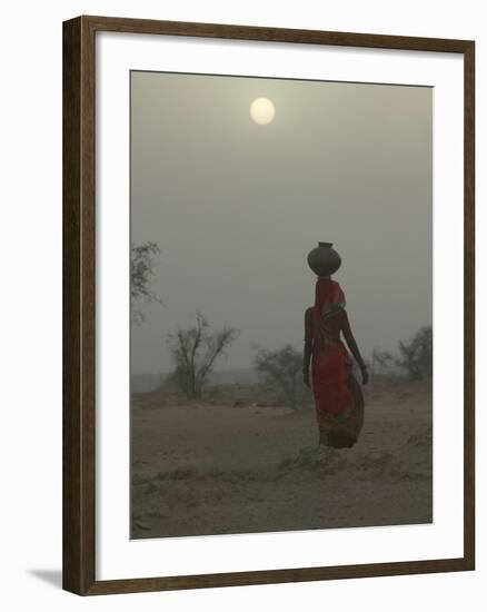 Woman Carrying Water Jar in Sand Storm, Thar Desert, Rajasthan, India-Keren Su-Framed Photographic Print