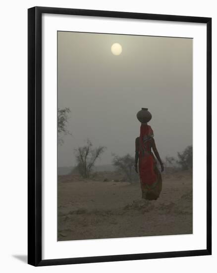 Woman Carrying Water Jar in Sand Storm, Thar Desert, Rajasthan, India-Keren Su-Framed Photographic Print