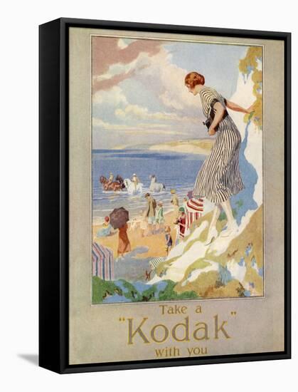 Woman Cautiously Descends a Cliff Path to the Beach Clutching Her Precious Kodak-null-Framed Stretched Canvas