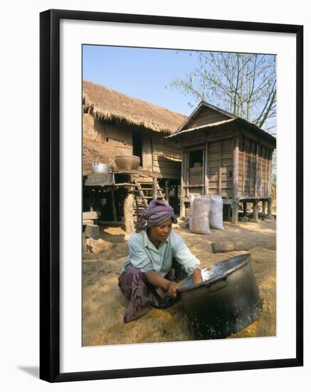 Woman Cleaning Pot Outside Her House, Near Siem Reap, Cambodia, Indochina, Southeast Asia-Jane Sweeney-Framed Photographic Print