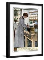 Woman Cleaning Pots and Pans in Her Kitchen, circa 1900-null-Framed Premium Giclee Print