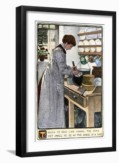 Woman Cleaning Pots and Pans in Her Kitchen, circa 1900-null-Framed Giclee Print