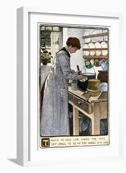 Woman Cleaning Pots and Pans in Her Kitchen, circa 1900-null-Framed Giclee Print