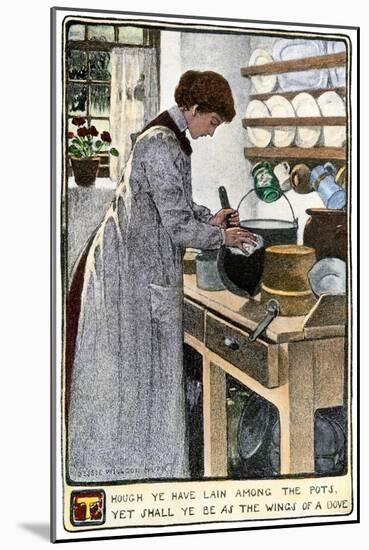 Woman Cleaning Pots and Pans in Her Kitchen, circa 1900-null-Mounted Giclee Print