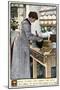 Woman Cleaning Pots and Pans in Her Kitchen, circa 1900-null-Mounted Giclee Print