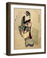 Woman Climbing the Stairs Holding a Lamp and a Box-Utagawa Sadakage-Framed Giclee Print