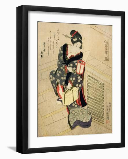 Woman Climbing the Stairs Holding a Lamp and a Box-Utagawa Sadakage-Framed Giclee Print