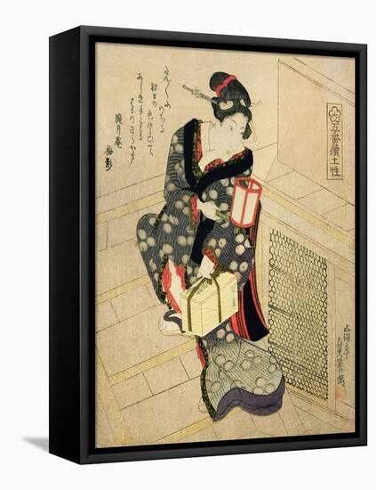 Woman Climbing the Stairs Holding a Lamp and a Box-Utagawa Sadakage-Framed Stretched Canvas