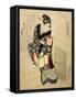 Woman Climbing the Stairs Holding a Lamp and a Box-Utagawa Sadakage-Framed Stretched Canvas