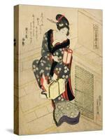 Woman Climbing the Stairs Holding a Lamp and a Box-Utagawa Sadakage-Stretched Canvas