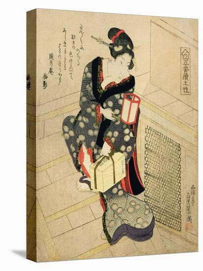Woman Climbing the Stairs Holding a Lamp and a Box-Utagawa Sadakage-Stretched Canvas