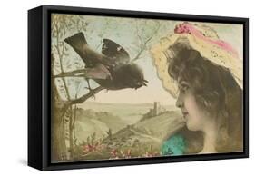 Woman Communing with Starling-null-Framed Stretched Canvas