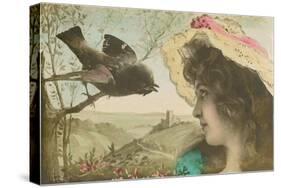 Woman Communing with Starling-null-Stretched Canvas