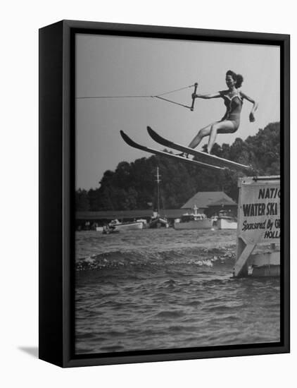 Woman Competing in the National Water Skiing Championship Tournament-null-Framed Stretched Canvas