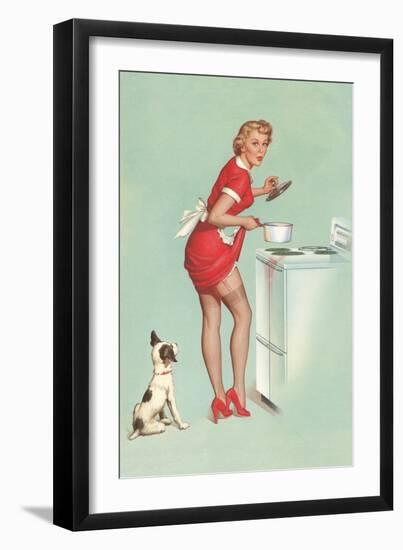 Woman Cooking in Short Skirt-null-Framed Art Print