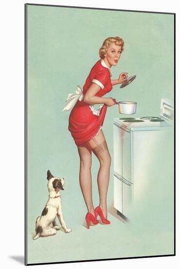 Woman Cooking in Short Skirt-null-Mounted Art Print
