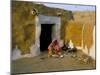 Woman Cooking Outside House with Painted Walls, Village Near Jaisalmer, Rajasthan State, India-Bruno Morandi-Mounted Photographic Print